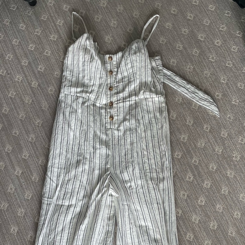 Skies are Blue White Striped Linen Jumpsuit